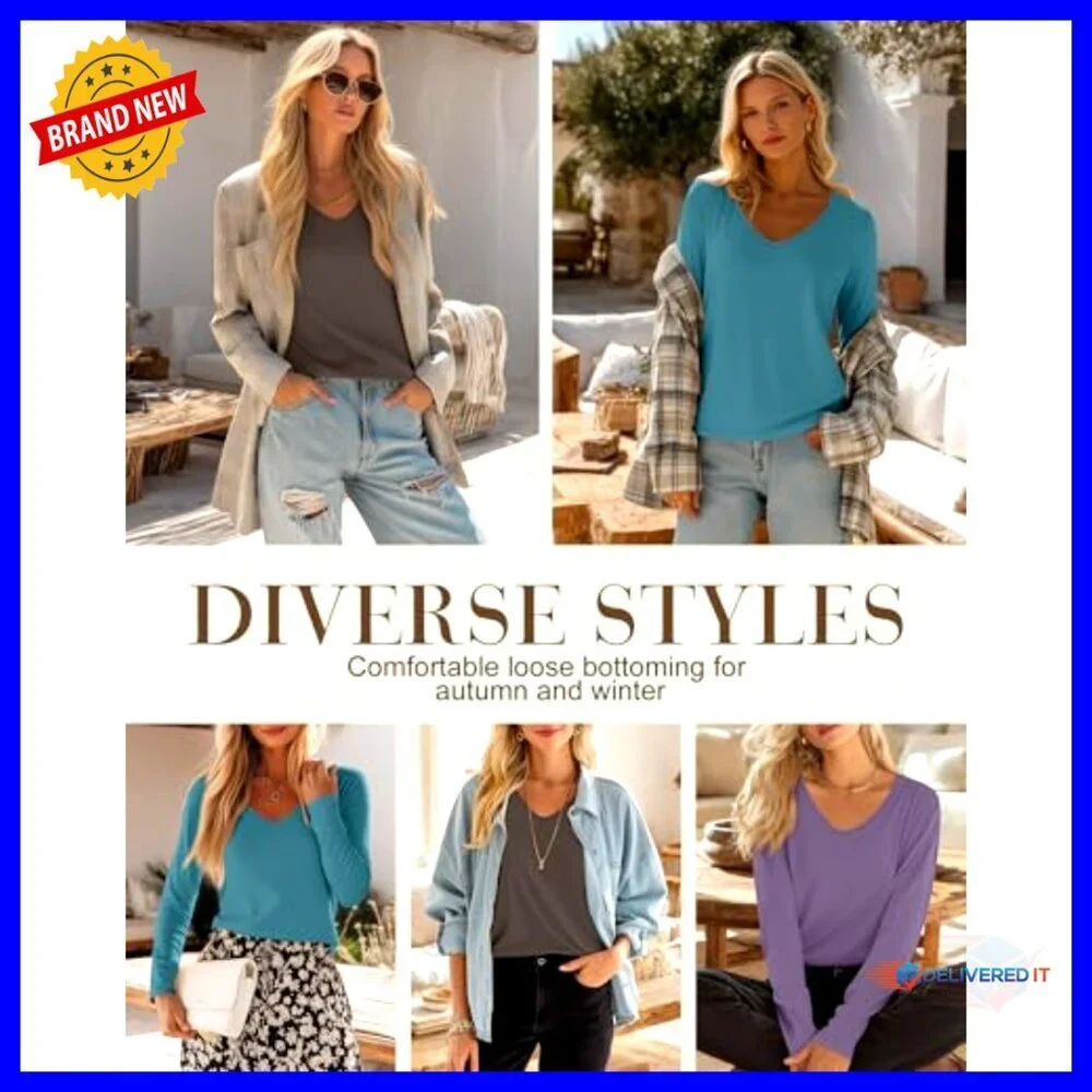 3 Pack Long Sleeve V-Neck T-Shirts, Loose Fit Casual Tops, Soft Polyester Blend - Picture 3 of 7